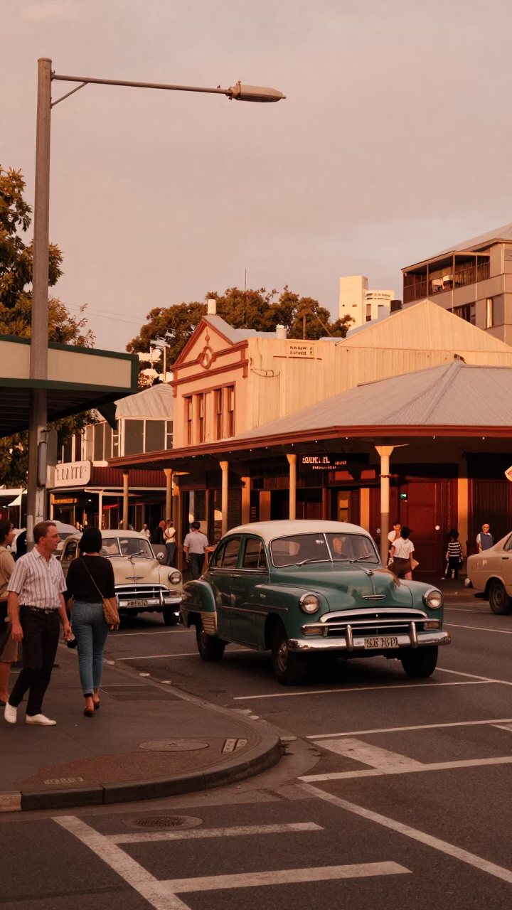 Busy Adelaide Street Scene Before Dusk with Vintage 1950s Cars and Railway Viaduct in in Adelaide, South Australia, Australia