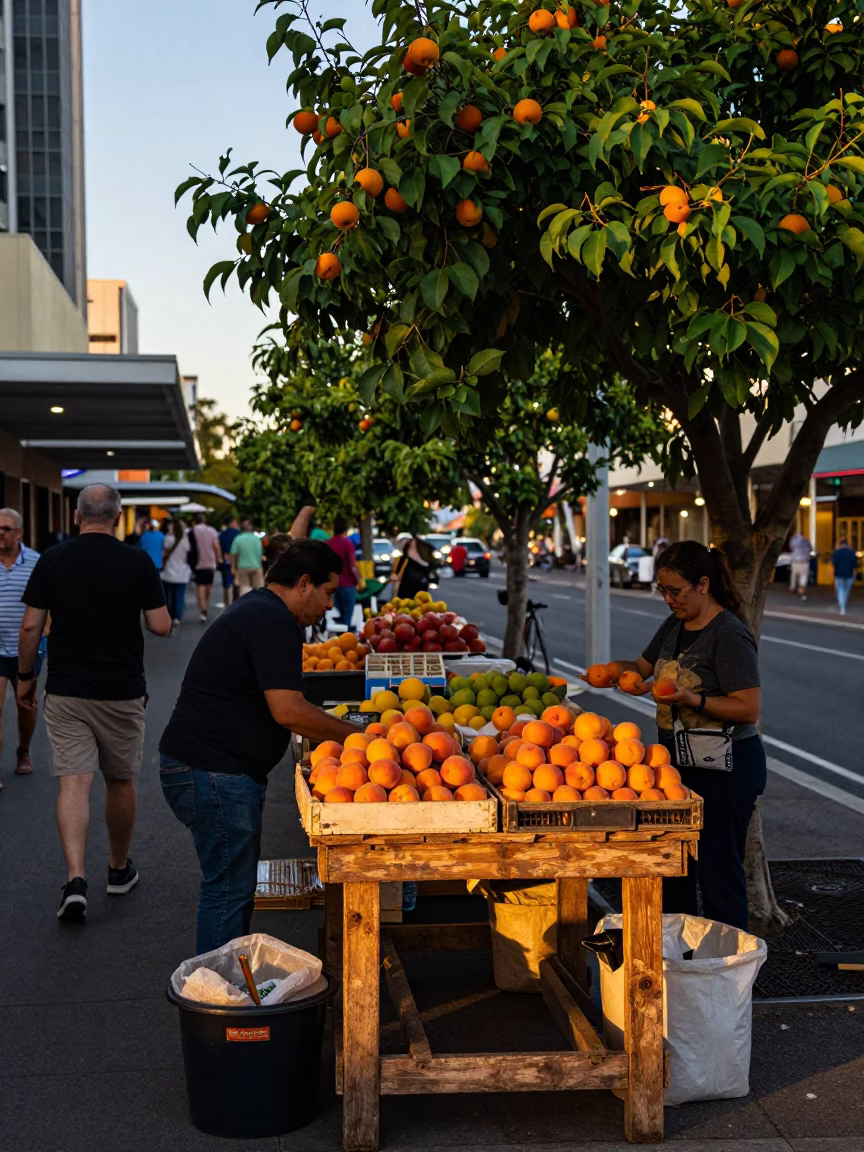 Busy Adelaide Street Scene Early Evening with Apricots and Vintage Details in in Adelaide, South Australia, Australia