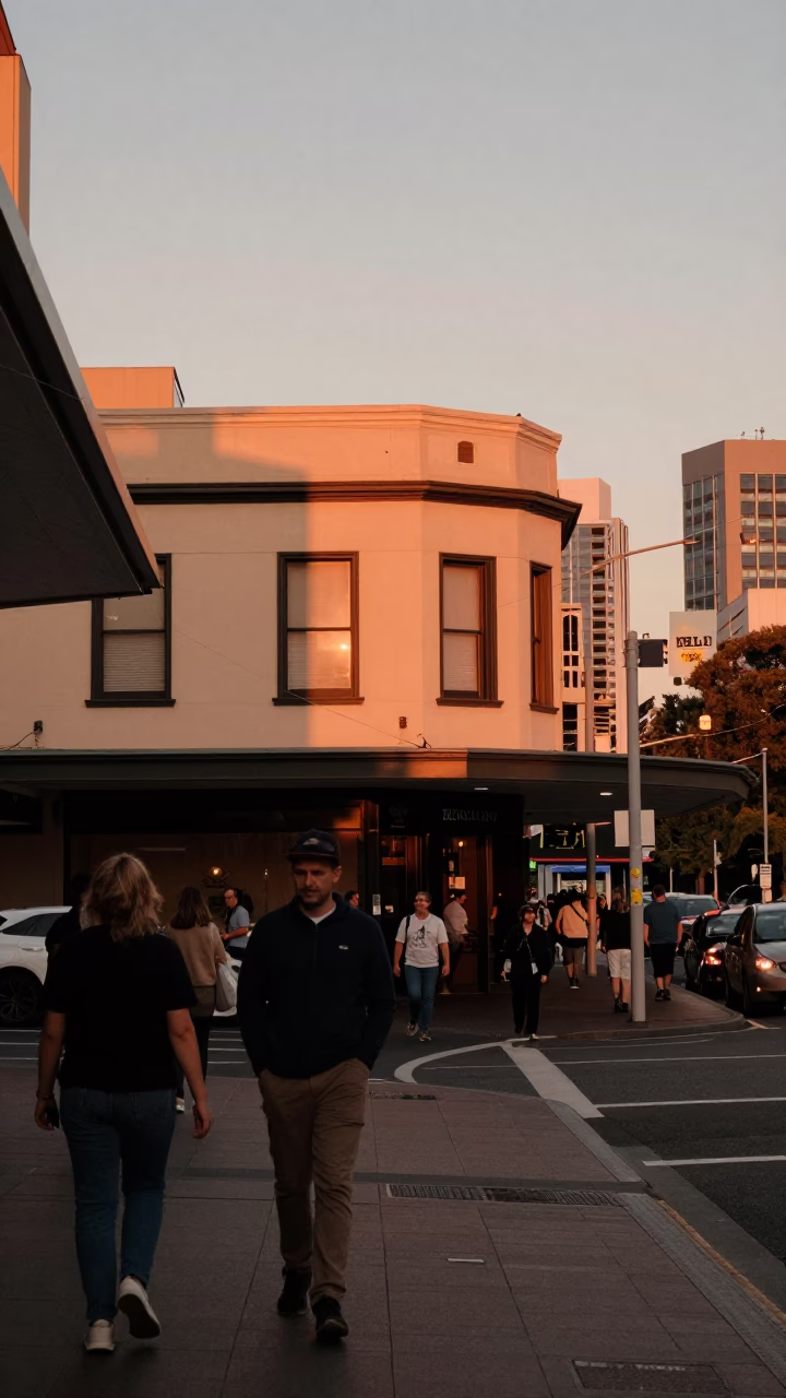 Busy Adelaide Street Scene in Copper-Toned Dusk Light with Local Details in in Adelaide, South Australia, Australia