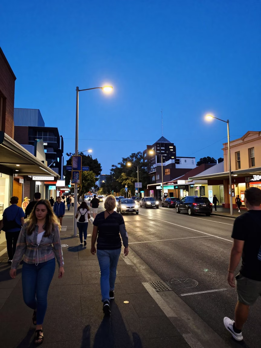 Busy Adelaide Street Scene in Evening Blue Light with Glass Jar and Table Lamps in in Adelaide, South Australia, Australia