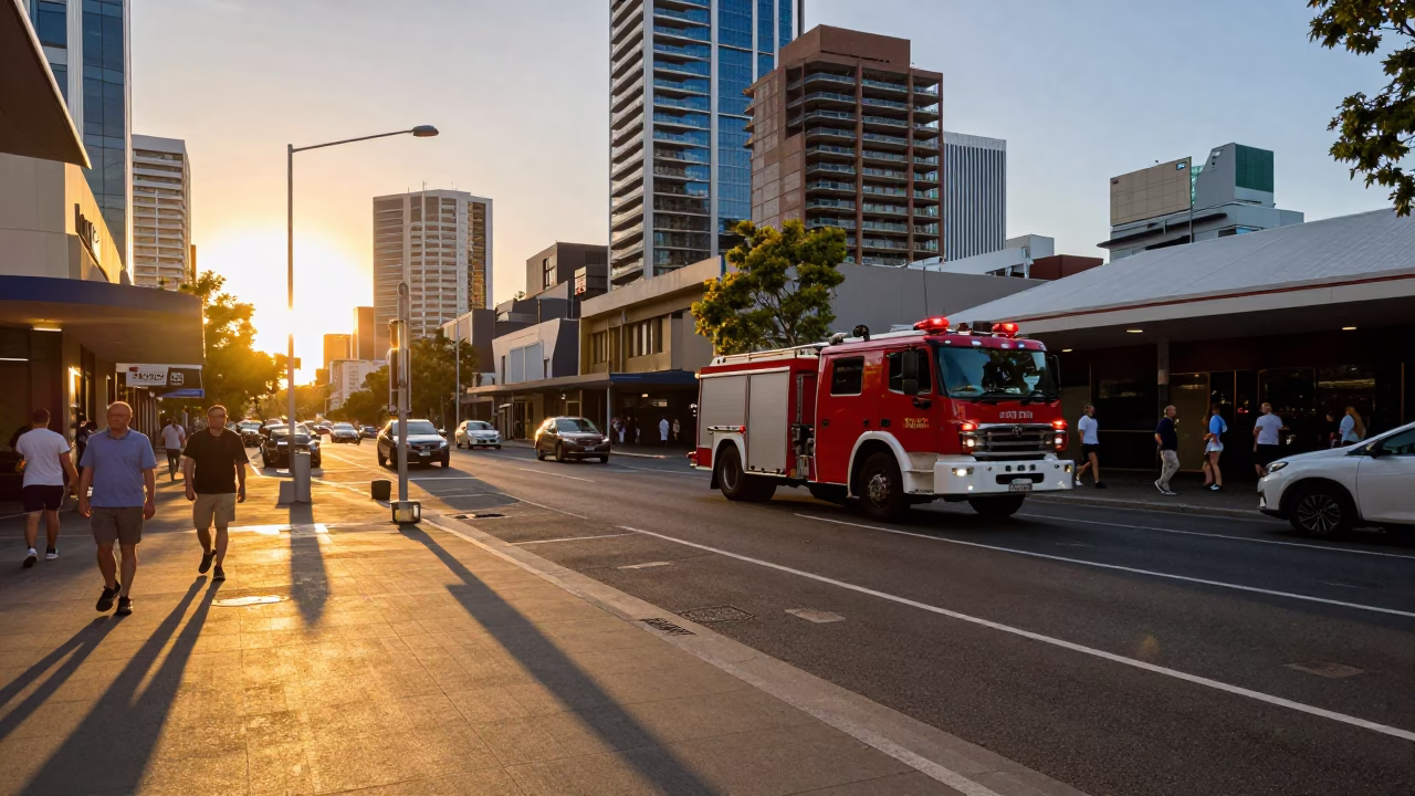 Busy Adelaide Street Scene in Honeyed Evening Light with Fire Engine Racing Past in in Adelaide, South Australia, Australia