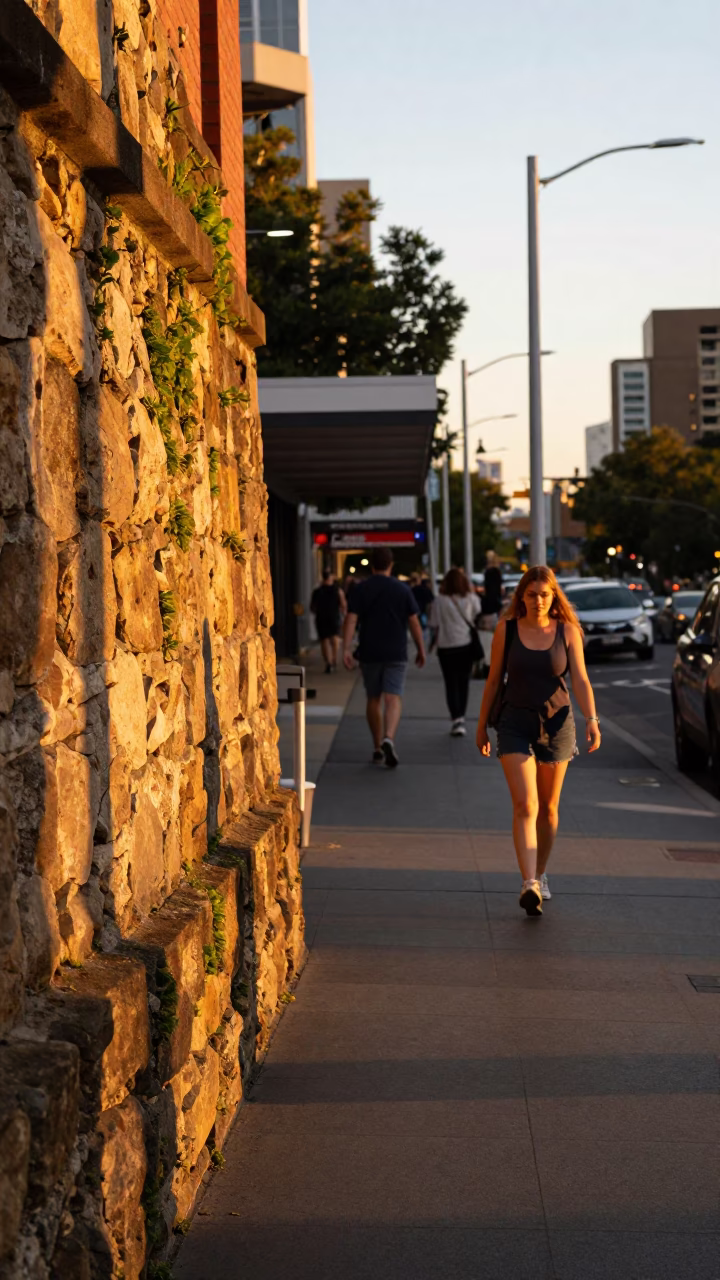 Busy Adelaide Street Scene in Honeyed Evening Light with Stone Wall and Substation Details in in Adelaide, South Australia, Australia
