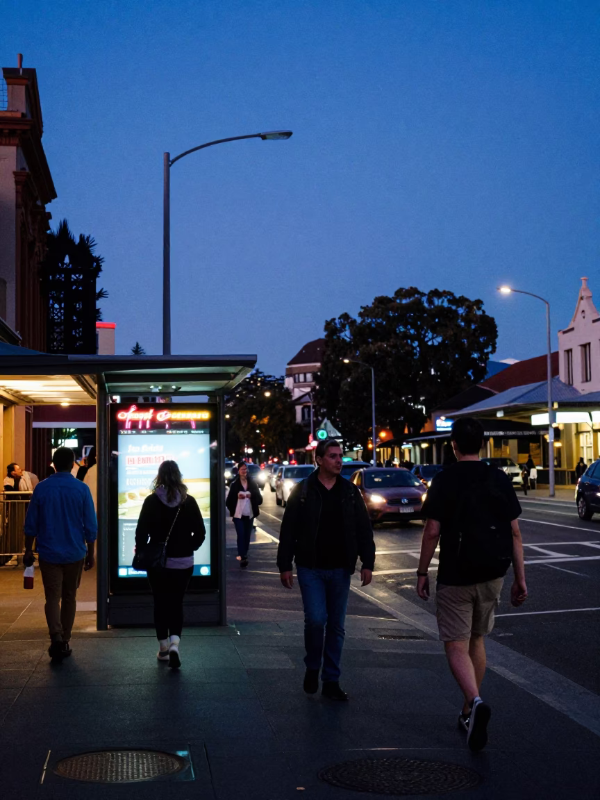 Busy Adelaide Street Scene in Indigo Twilight with Local Shopfronts and Pedestrians in in Adelaide, South Australia, Australia