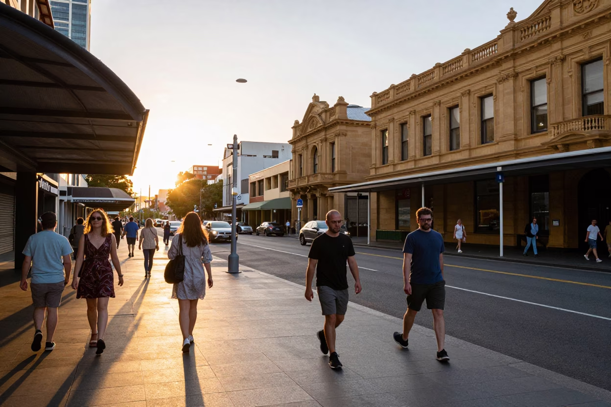 Busy Adelaide Street Scene Late Afternoon 1960s Era Architecture and Pedestrians in in Adelaide, South Australia, Australia