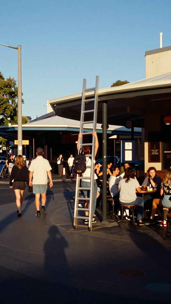 Busy Adelaide Street Scene Late Afternoon Light with Ladder-Back Chair and Strawberries in in Adelaide, South Australia, Australia