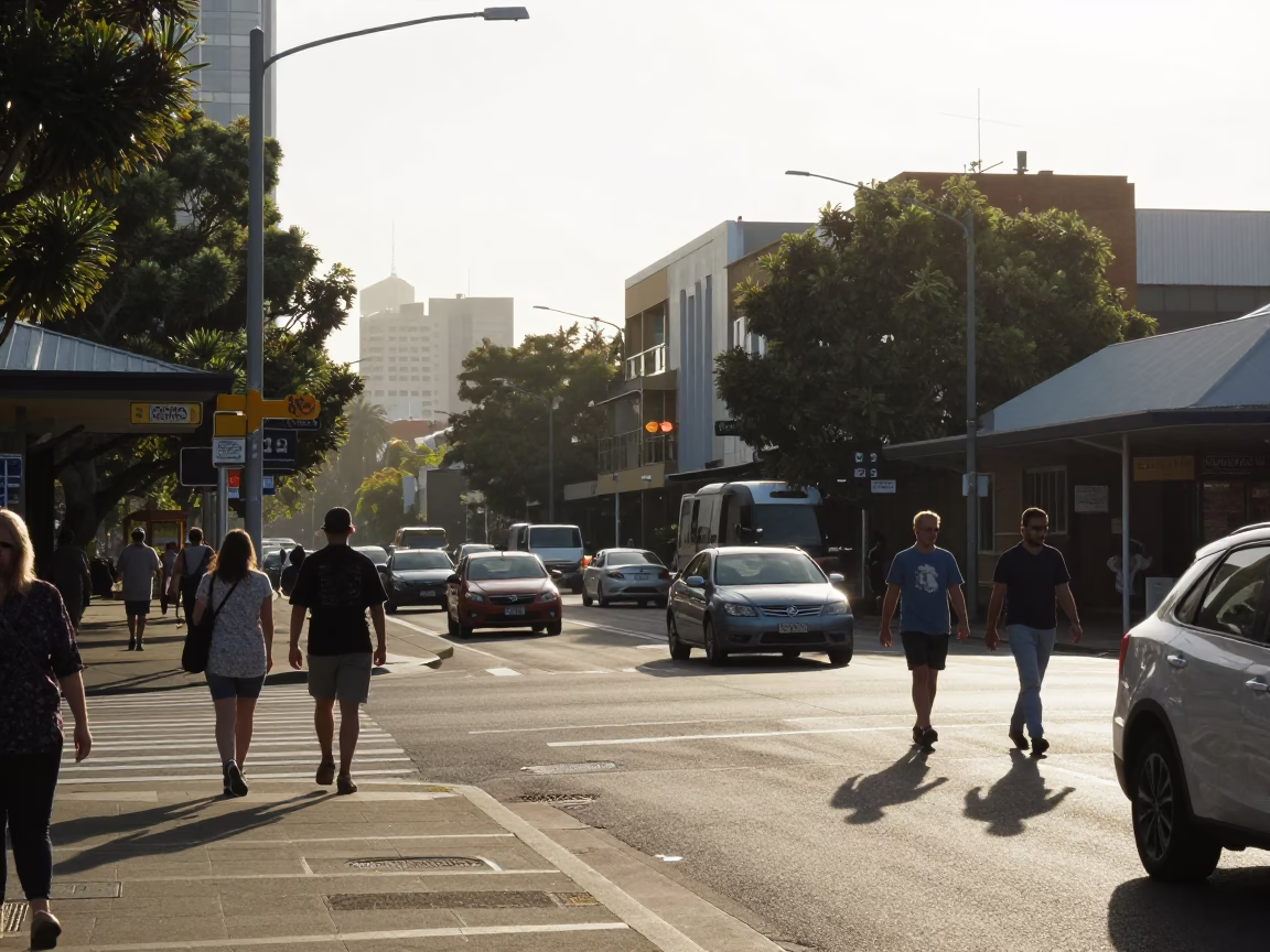 Busy Adelaide Street Scene Late Afternoon with Aqueduct Haze and Urban Life in in Adelaide, South Australia, Australia