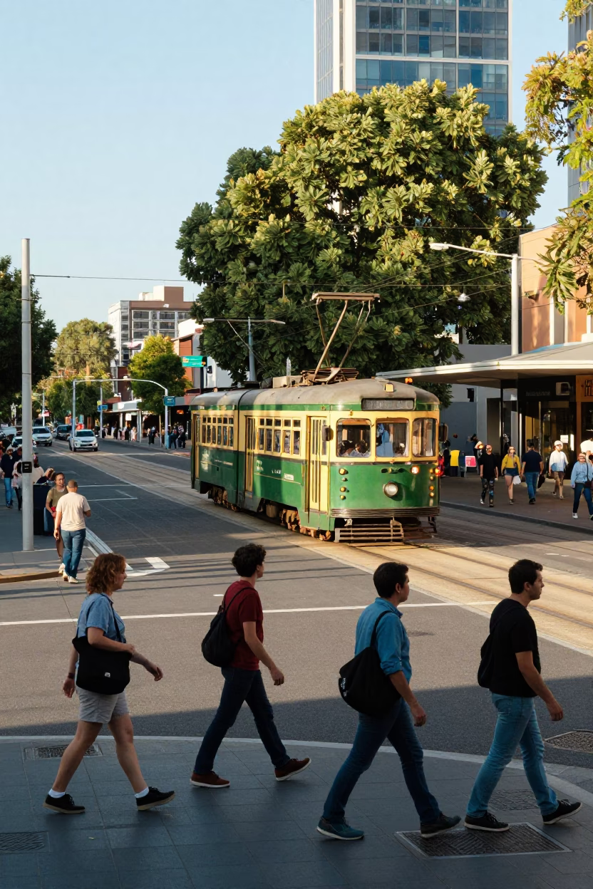 Busy Adelaide Street Scene Late Morning with Tram and Pedestrians in South Australia in in Adelaide, South Australia, Australia