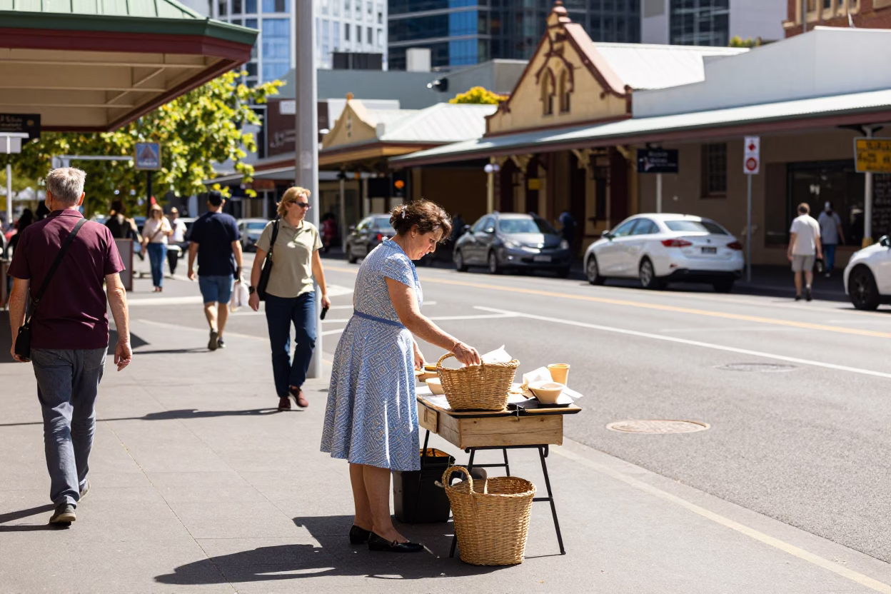 Busy Adelaide Street Scene Midmorning with Mending Basket and Local Activity in in Adelaide, South Australia, Australia