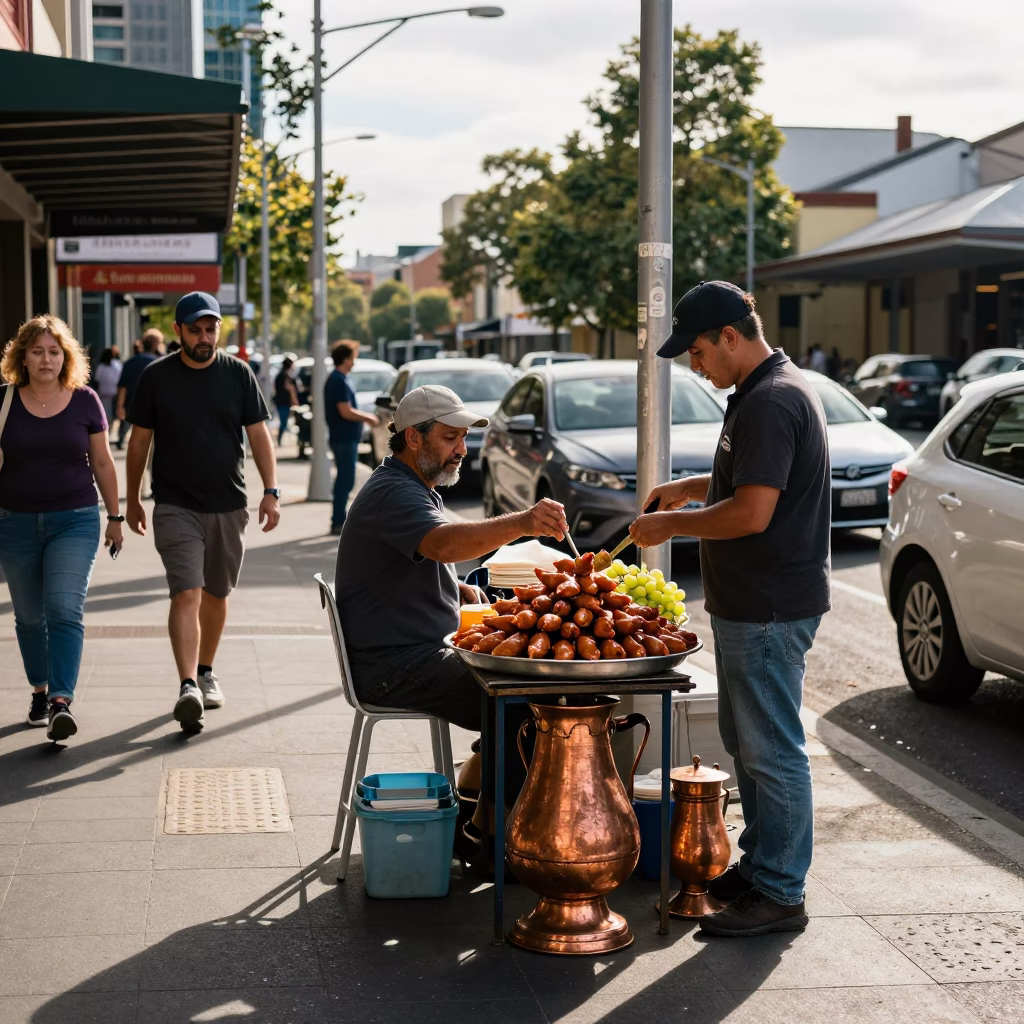 Busy Adelaide Street Scene with Copper Cezve and Grapes in Early Afternoon Light in in Adelaide, South Australia, Australia