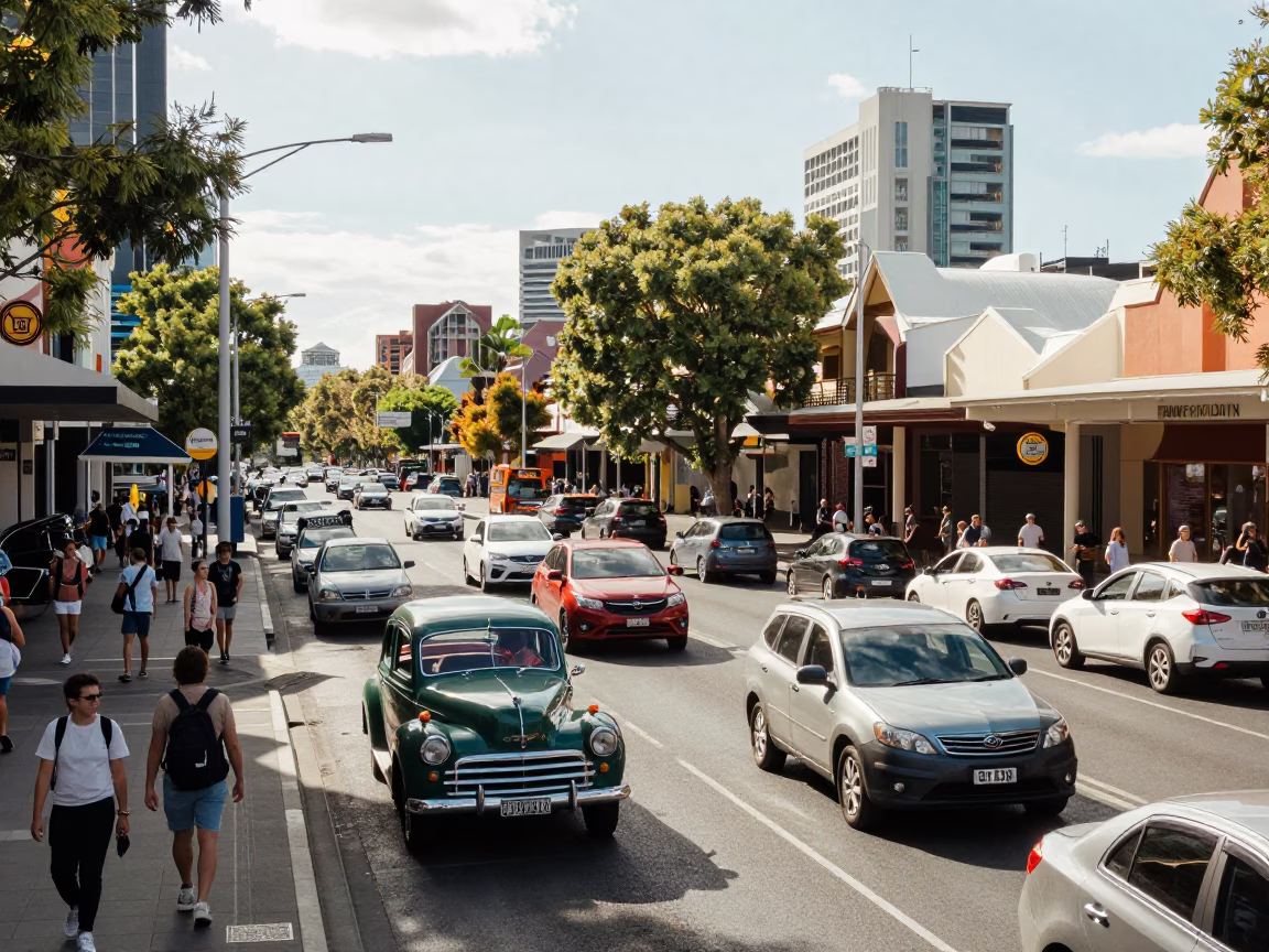 Busy Adelaide Street Scene with Vintage Cars and Pedestrians in Late Morning Sunlight in in Adelaide, South Australia, Australia