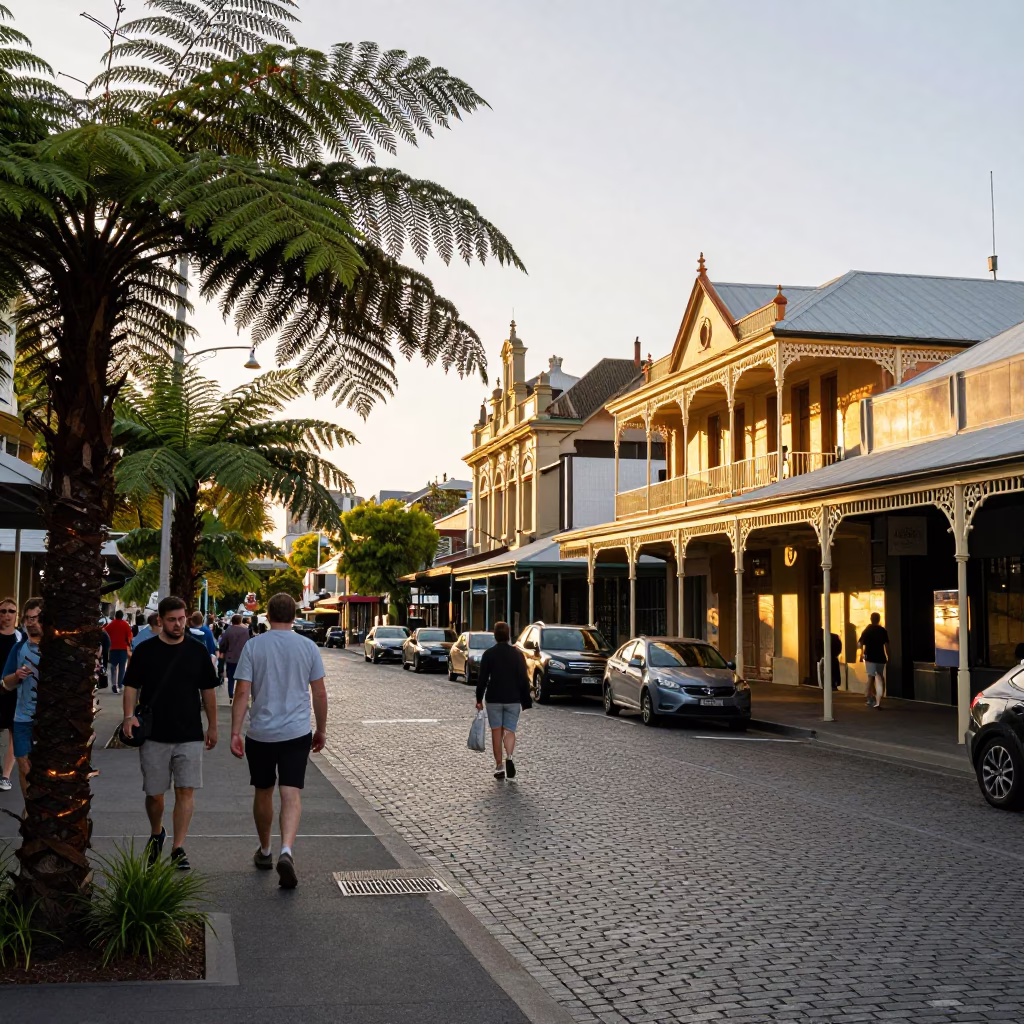 Busy Adelaide Sunset Street Scene with Ferns and Mechanical Pencils in in Adelaide, South Australia, Australia