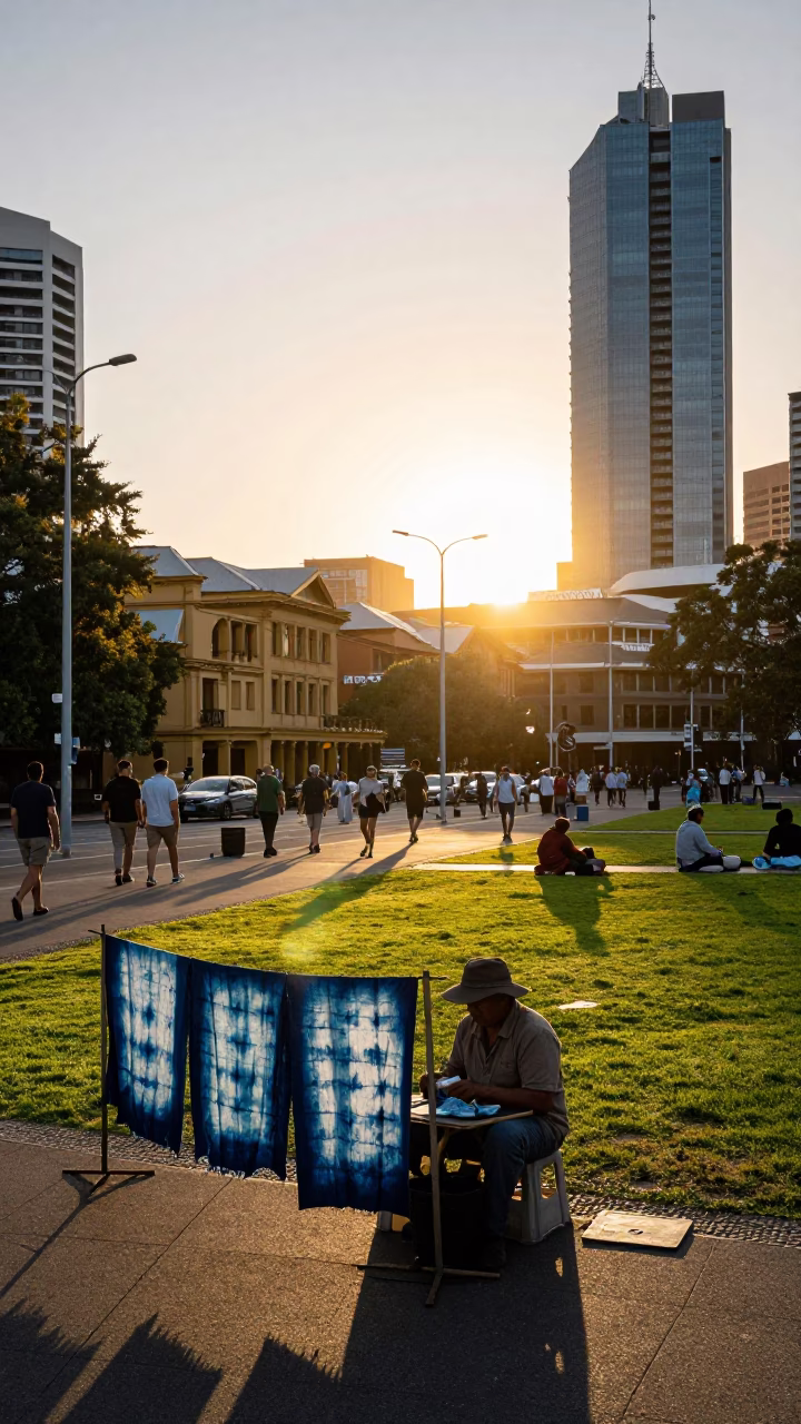 Busy Adelaide Sunset Street Scene with Indigo Fabric and Urban Details in in Adelaide, South Australia, Australia