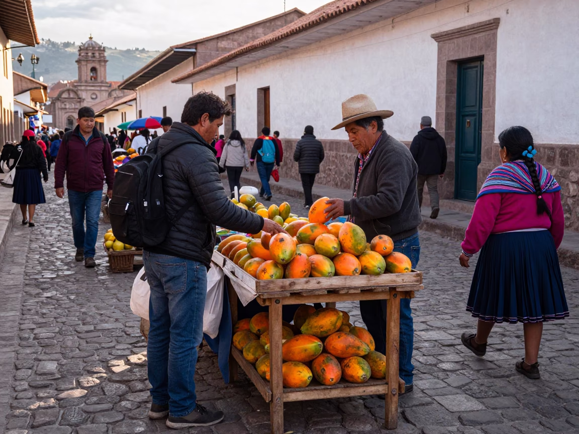 Busy Afternoon Street Scene in Cusco Peru with Local Market Activity and Traditional Architecture in in Cusco, Peru