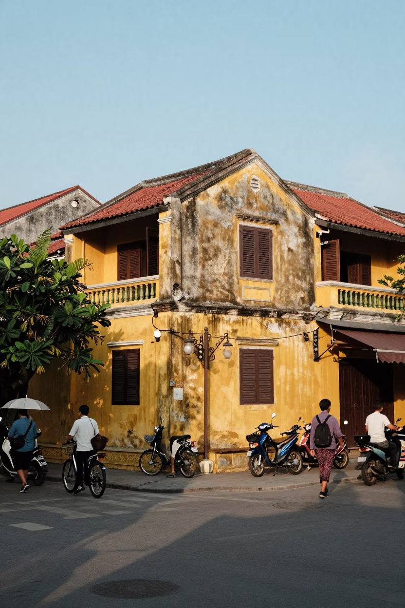 Busy Afternoon Street Scene in Hoi An Vietnam with Yellow Walls and Local Commerce in in Hoi An, Vietnam