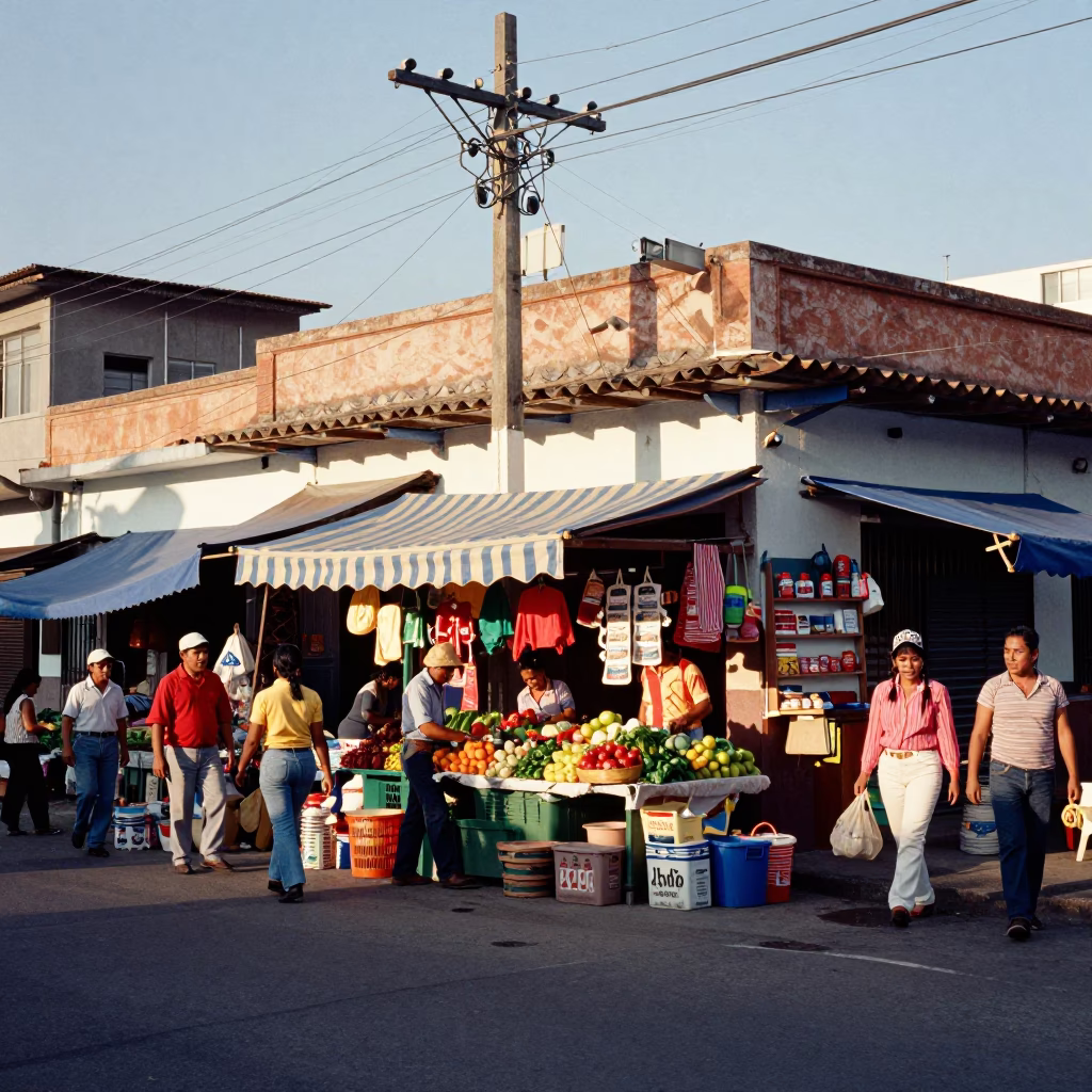 Busy Afternoon Street Scene in Medellin Colombia with Cables and Local Commerce in in Medellin, Colombia
