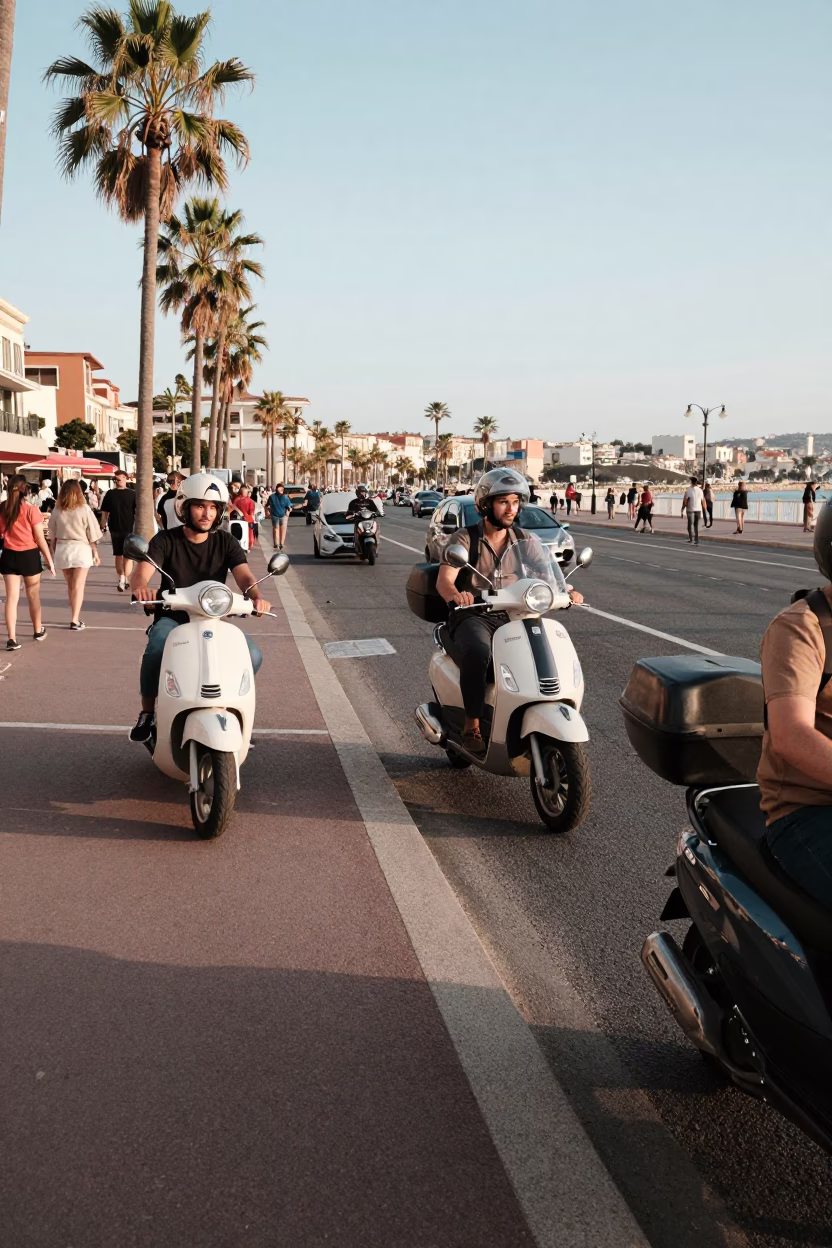 Busy Afternoon Street Scene in Nice France with Scooter and Metal Stools in in Nice, France