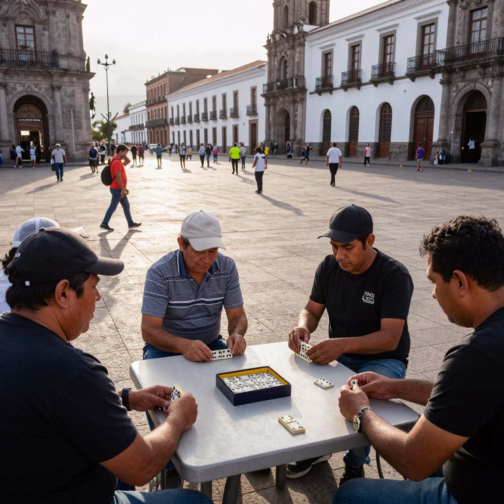 Busy Afternoon Street Scene in Quito Ecuador with Domino Players and Local Architecture in in Quito, Ecuador