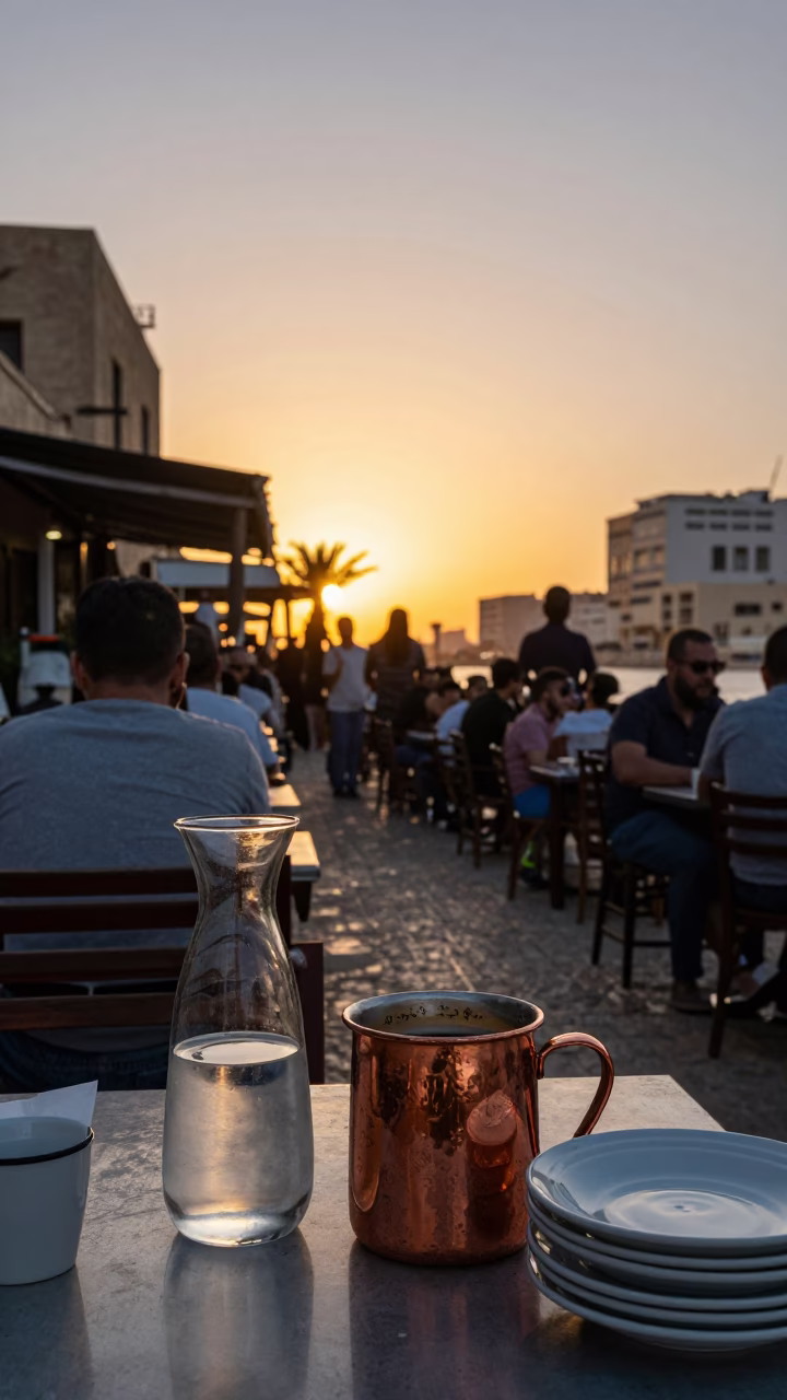Busy Alexandria Cafe Terrace at Sunset with Copper Coffee Pot and Carafe in in Alexandria, Egypt