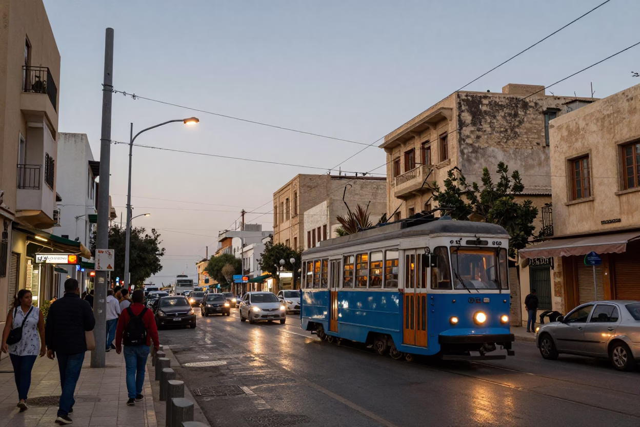 Busy Alexandria Egypt Evening Street Scene with Vintage Tram and Local Commerce in in Alexandria, Egypt
