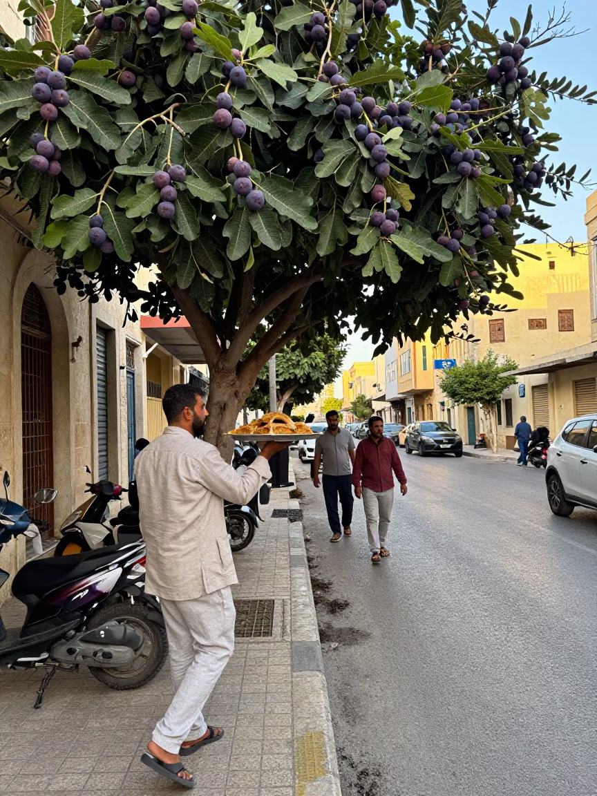 Busy Alexandria Egypt Late Morning Street Scene with Fig Tree and Local Life in in Alexandria, Egypt