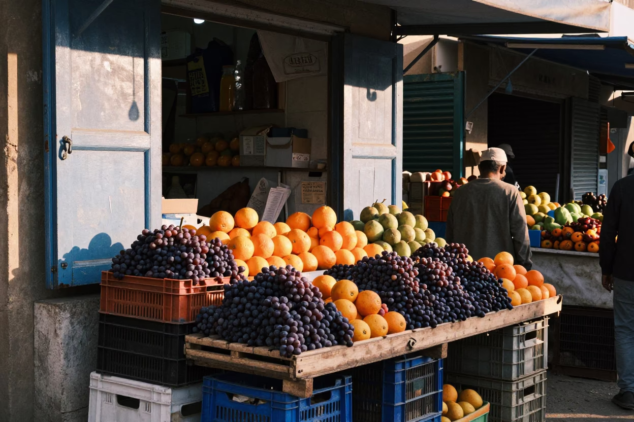Busy Alexandria Egypt Market Stall at Dawn with Fruit and Condensation in in Alexandria, Egypt