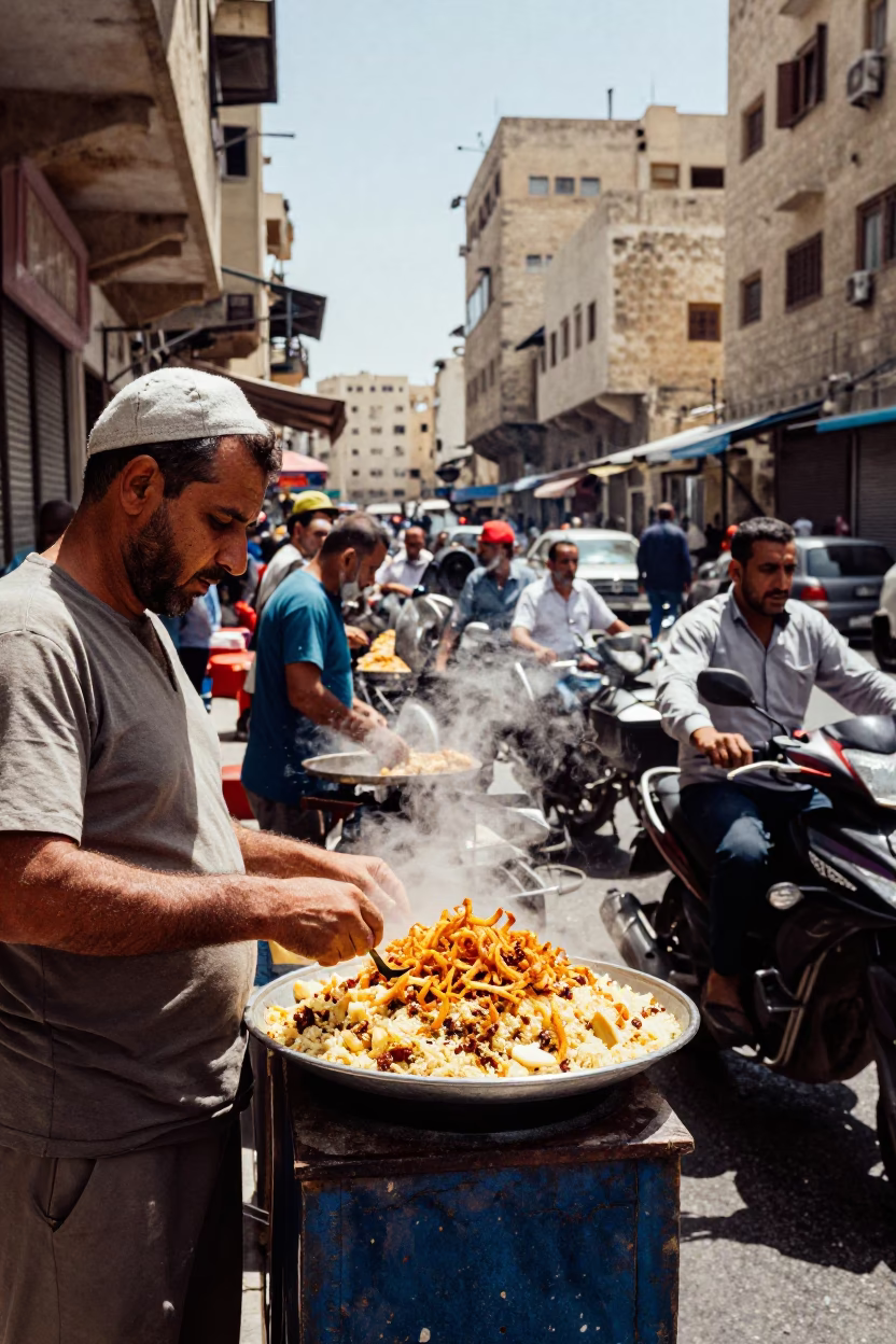 Busy Alexandria Egypt Midday Street Scene with Koshari and Local Life in in Alexandria, Egypt