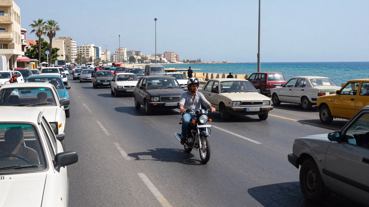 Busy Alexandria Egypt Midday Street Scene with Motorcycle and Coastal Highway Traffic in in Alexandria, Egypt