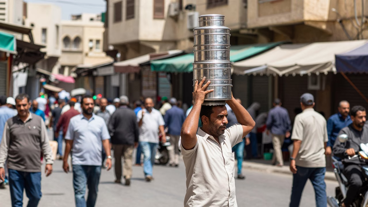 Busy Alexandria Egypt Midday Street Scene with Tiffin Tin and Urban Activity in in Alexandria, Egypt