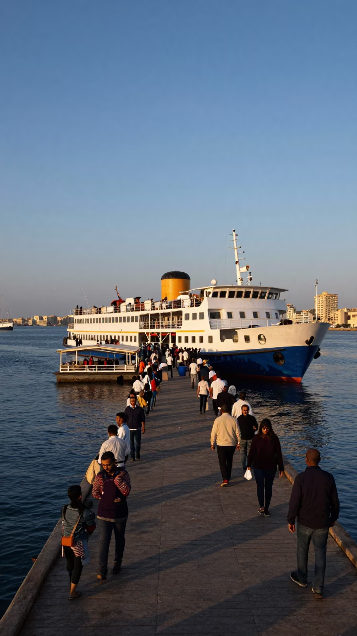 Busy Alexandria Egypt Nautical Dawn Ferry Dock Scene with Passengers and Bicycles in in Alexandria, Egypt
