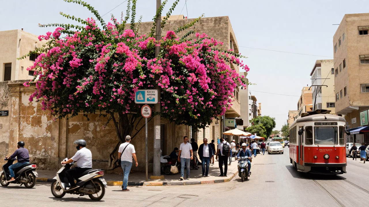 Busy Alexandria Egypt Noon Street Scene with Bougainvillea and Tram Reflections in in Alexandria, Egypt