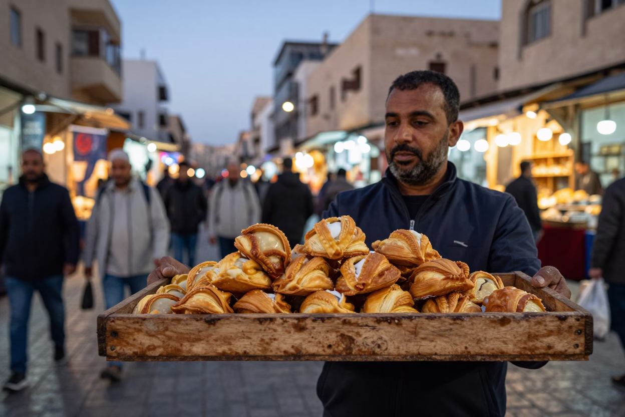 Busy Alexandria Egypt Street Market Evening with Wooden Tray and Pastries in in Alexandria, Egypt