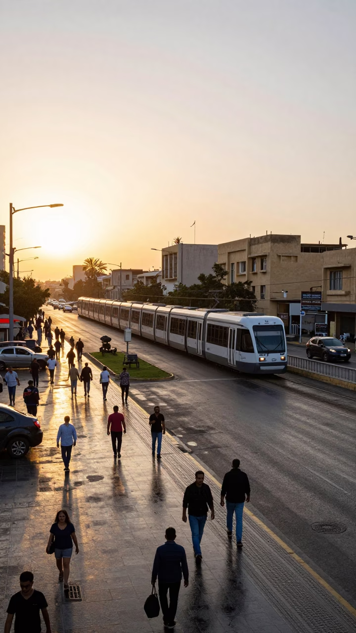 Busy Alexandria Egypt Street Scene After Sunrise with Monorail and Pedestrian Overpass in in Alexandria, Egypt