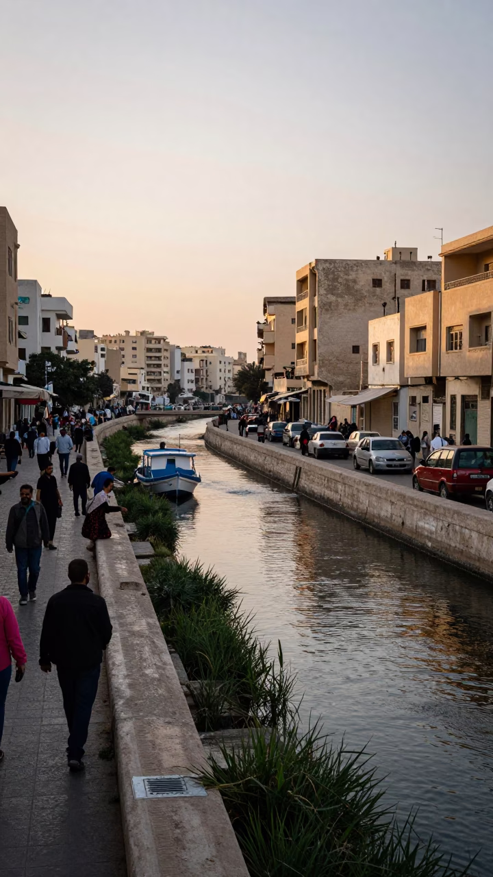 Busy Alexandria Egypt street scene at dawn with concrete canal and reeds in in Alexandria, Egypt