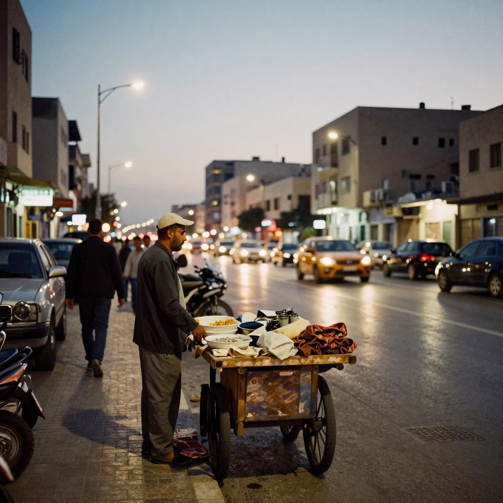 Busy Alexandria Egypt Street Scene at Dusk with Local Vendor and Cassette Tapes in in Alexandria, Egypt