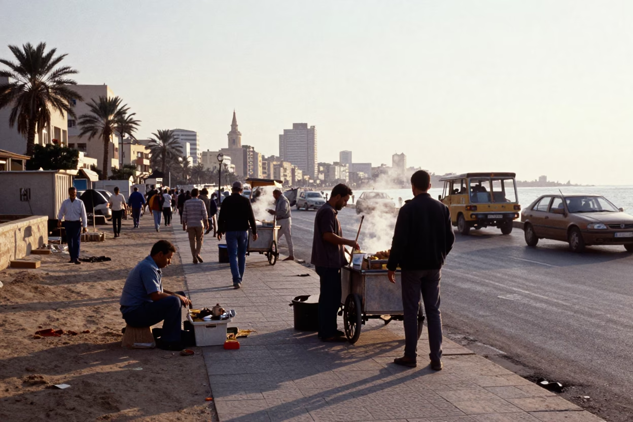 Busy Alexandria Egypt Street Scene at Nautical Dawn with Local Commerce in in Alexandria, Egypt