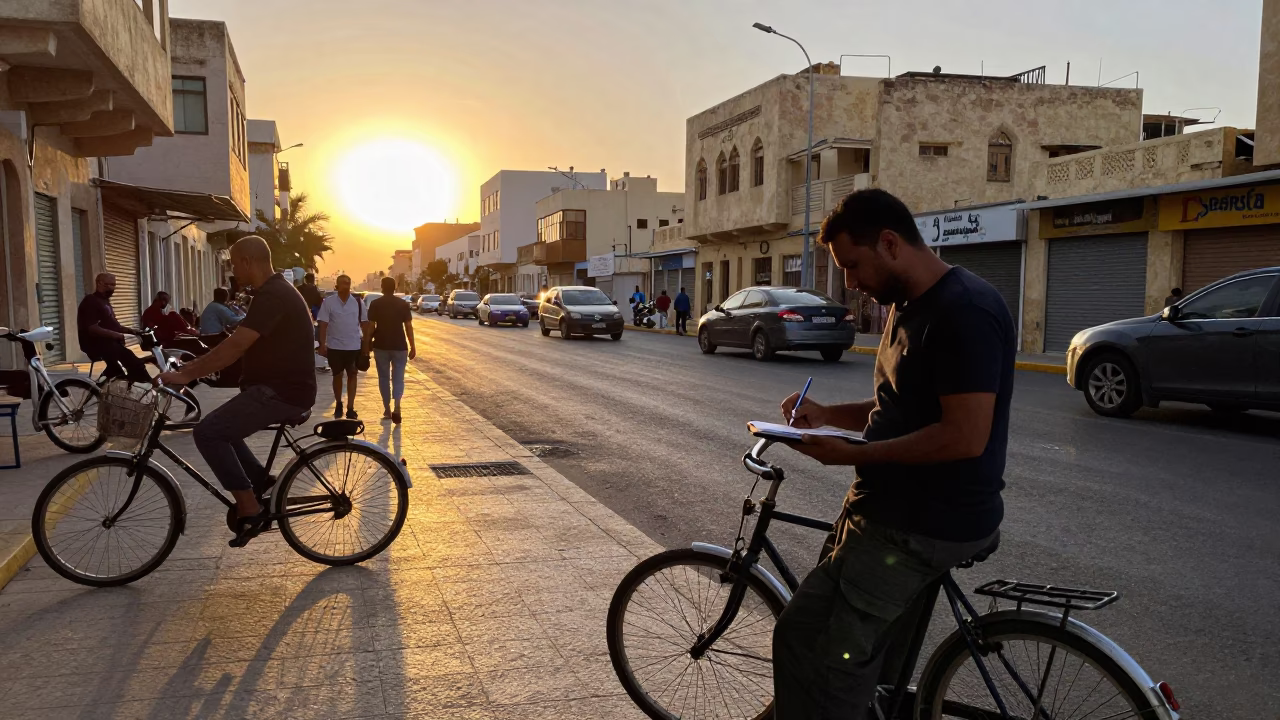 Busy Alexandria Egypt Street Scene at Sunset with Bicycle and Mechanical Pencil in in Alexandria, Egypt