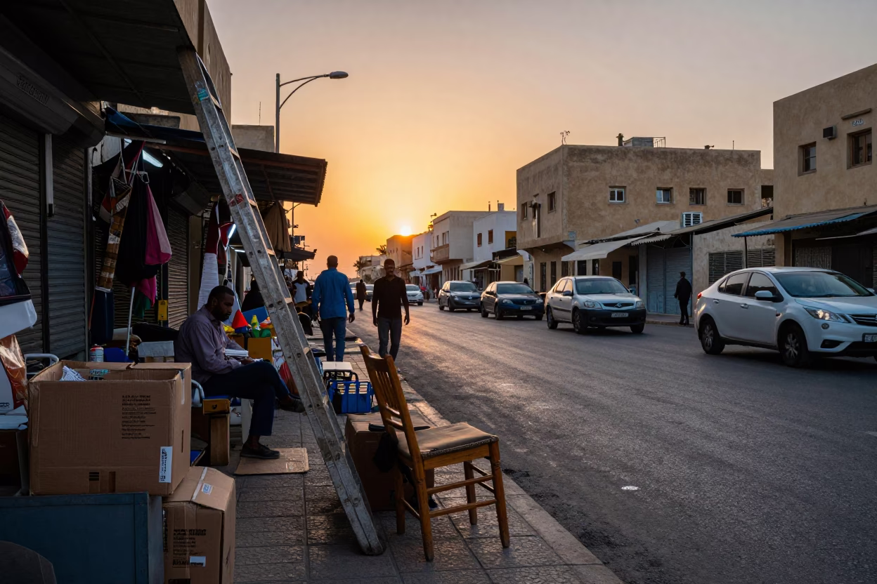 Busy Alexandria Egypt Street Scene at Sunset with Ladder and Houseplant in in Alexandria, Egypt