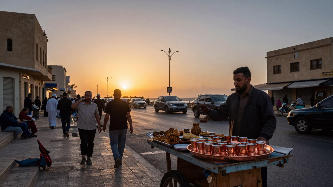 Busy Alexandria Egypt Street Scene at Sunset with Traditional Food and Copper Decor in in Alexandria, Egypt