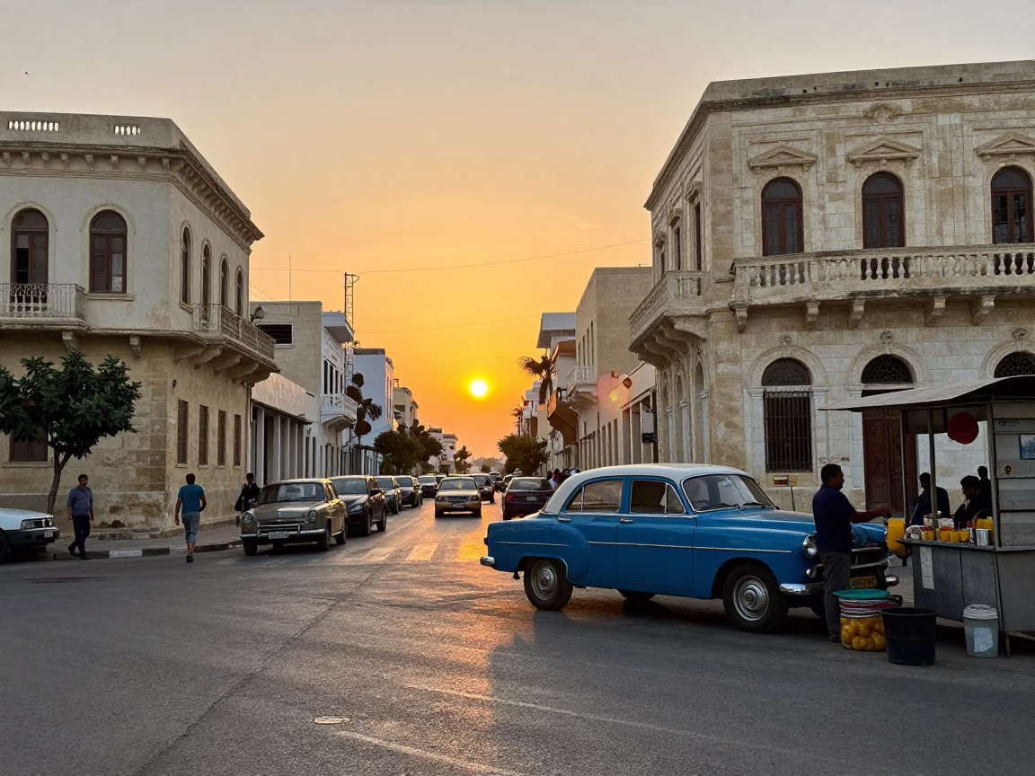 Busy Alexandria Egypt Street Scene at Sunset with Vintage 1960s Cars and Local Commerce in in Alexandria, Egypt
