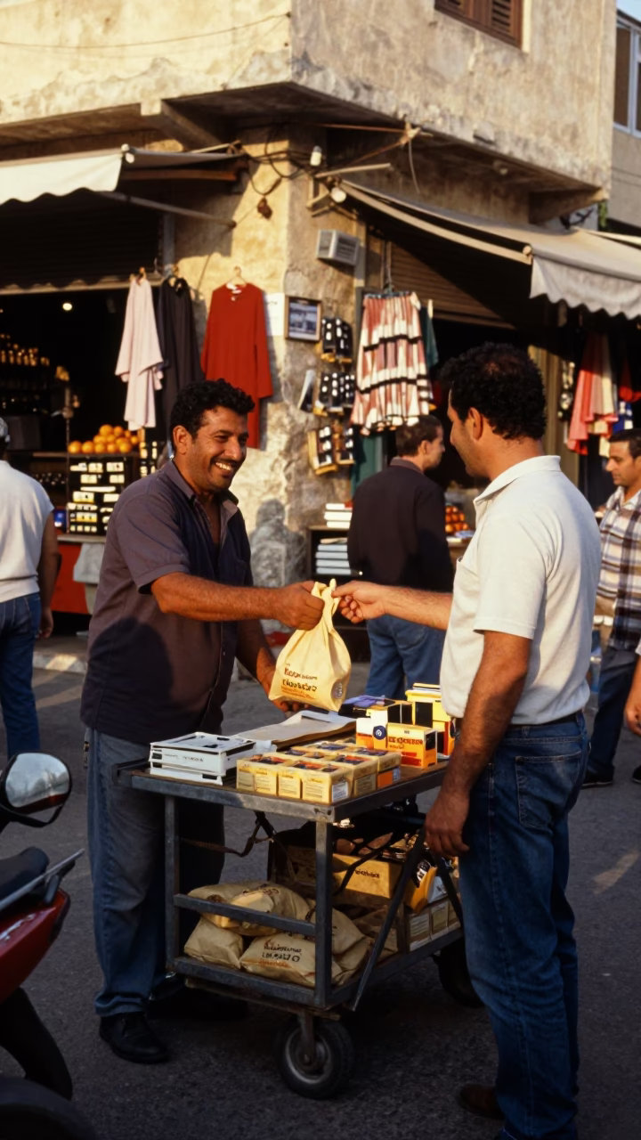 Busy Alexandria Egypt Street Scene Early Afternoon Local Market Vendor Interaction in in Alexandria, Egypt