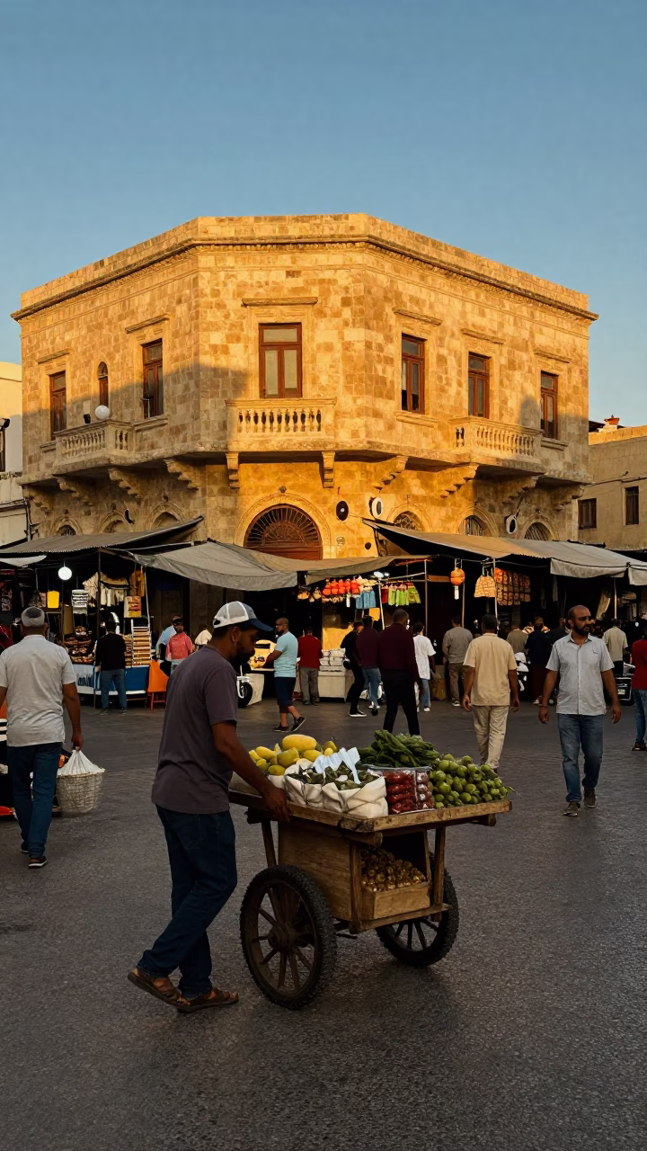 Busy Alexandria Egypt Street Scene Honeyed Evening Light Local Market Activity in in Alexandria, Egypt