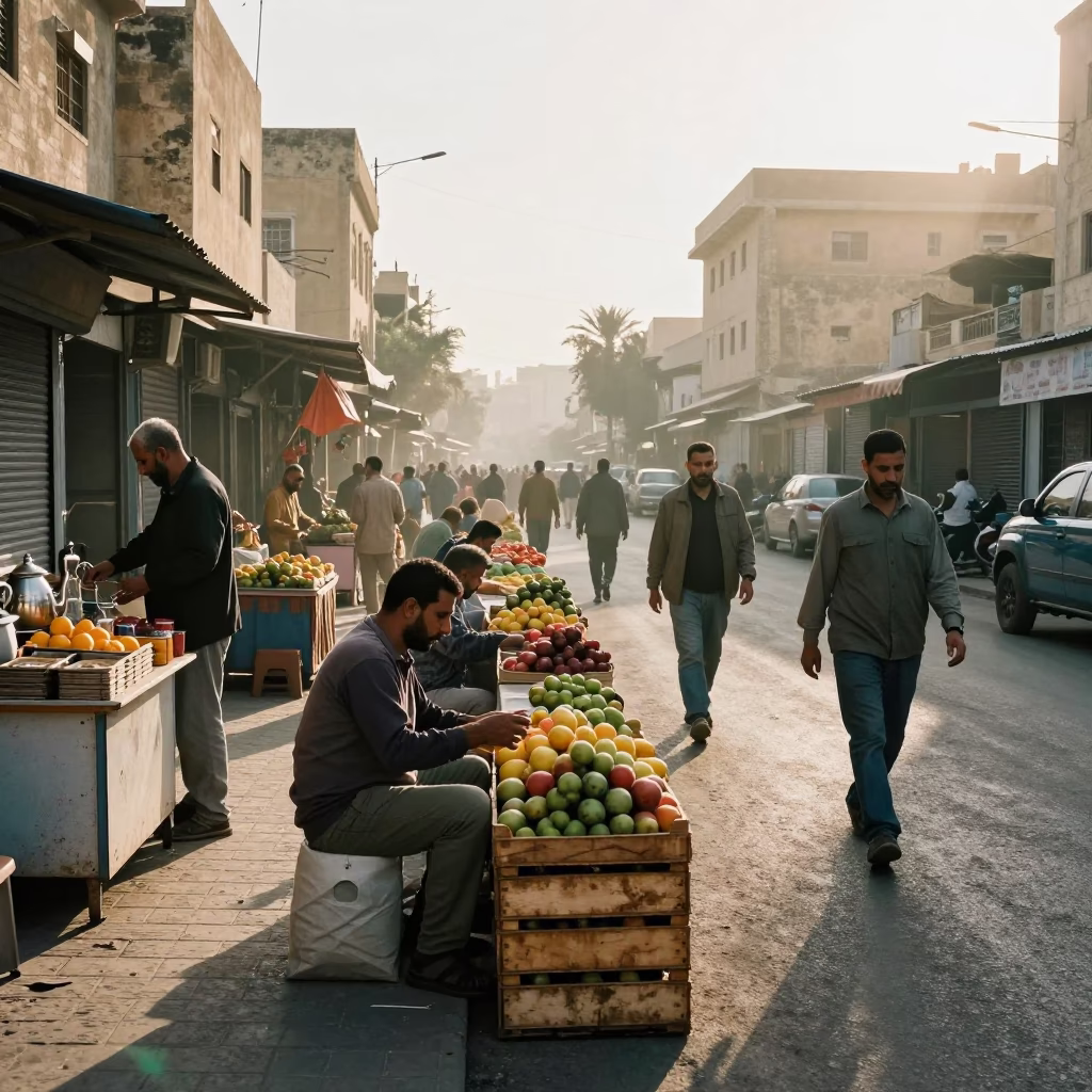 Busy Alexandria Egypt Street Scene Just After Sunrise with Local Market Activity in in Alexandria, Egypt