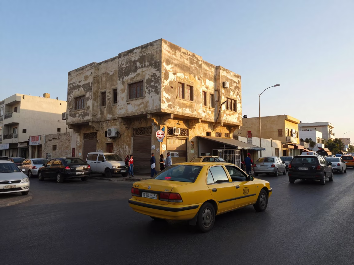 Busy Alexandria Egypt street scene just after sunrise with yellow taxi and local commerce in in Alexandria, Egypt