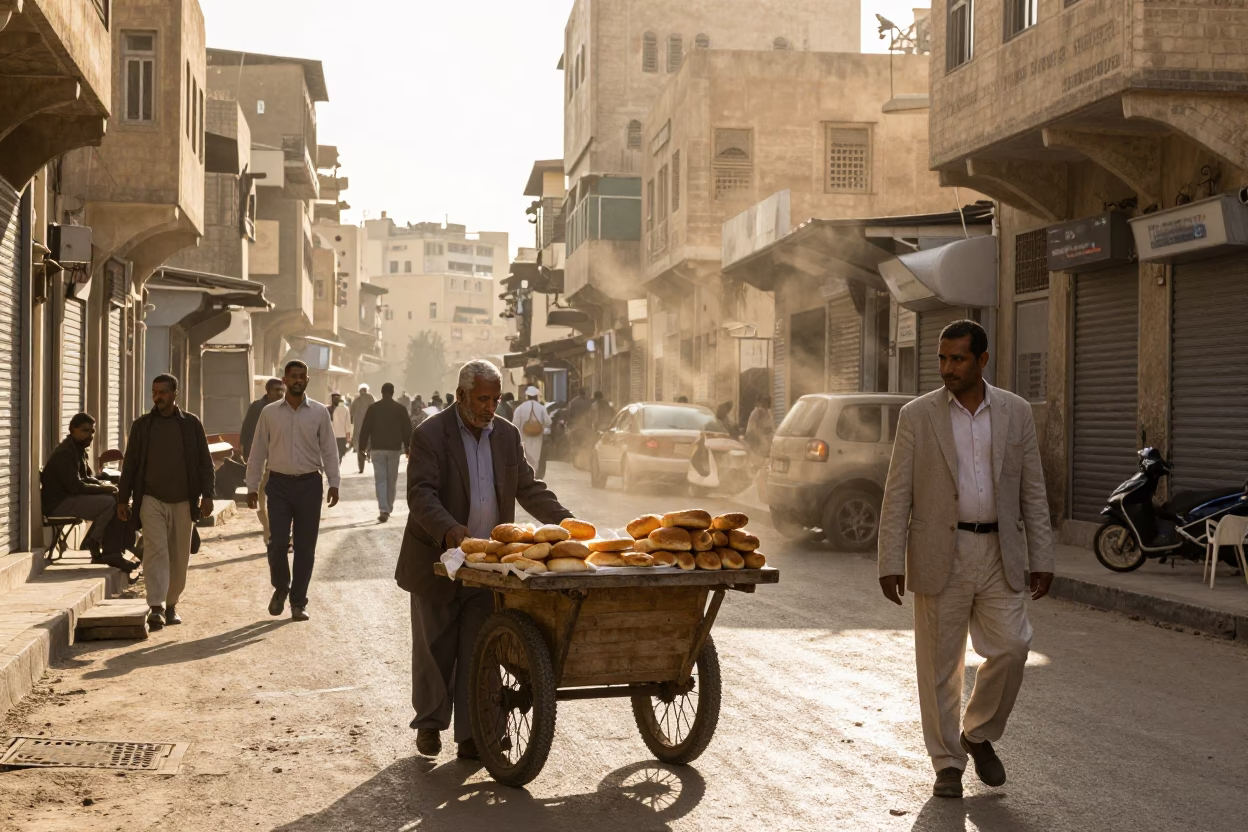 Busy Alexandria Egypt Street Scene Late Afternoon Light with Local Vendor and Pedestrians in in Alexandria, Egypt