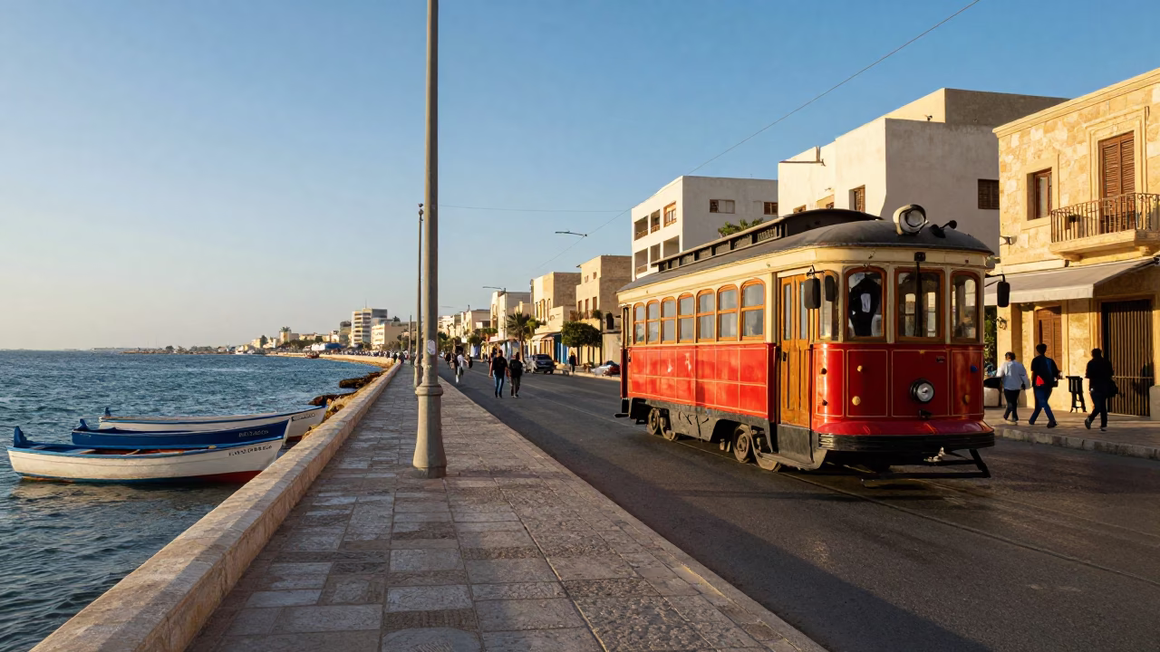 Busy Alexandria Egypt Street Scene Late Afternoon with Heritage Tram and Bluebells in in Alexandria, Egypt