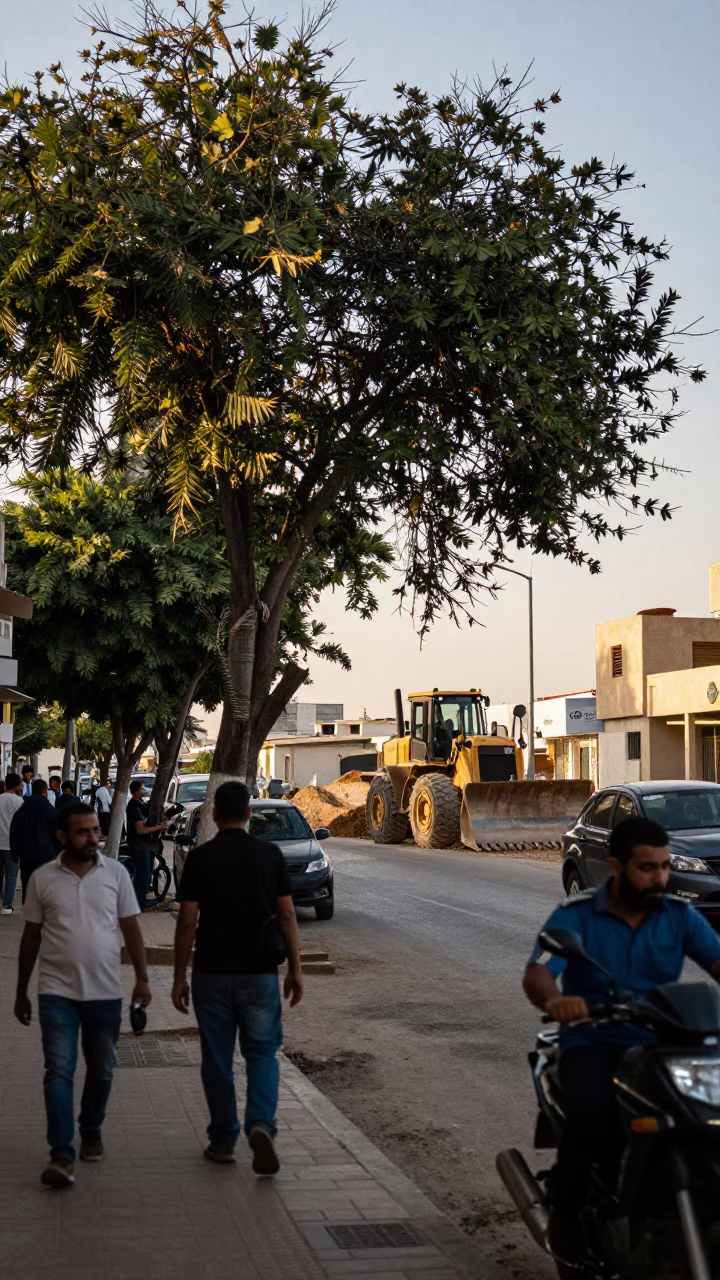 Busy Alexandria Egypt Street Scene Late Afternoon with Tree and Construction in in Alexandria, Egypt