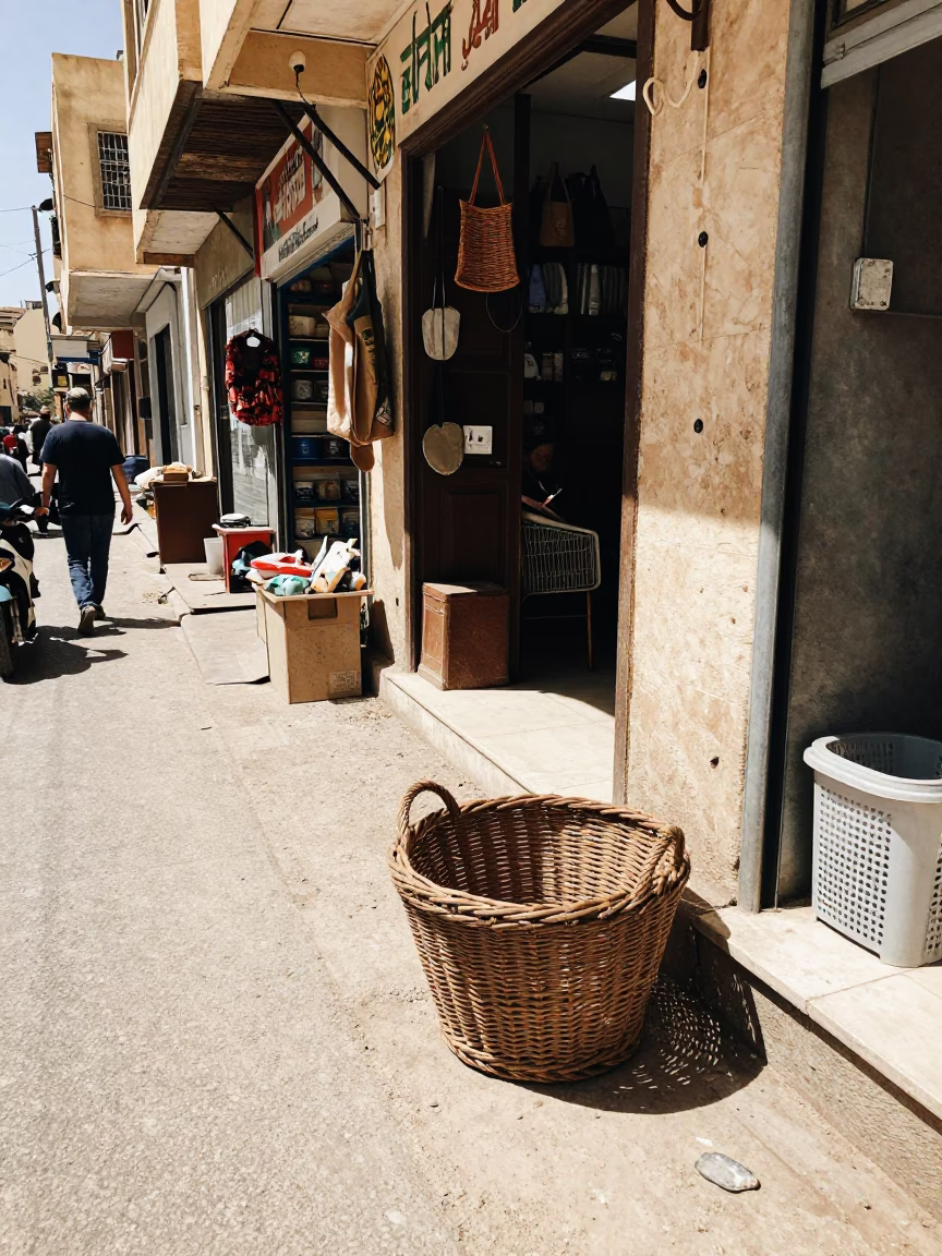 Busy Alexandria Egypt Street Scene Midday with Wicker Hamper and University Bookshelf in in Alexandria, Egypt