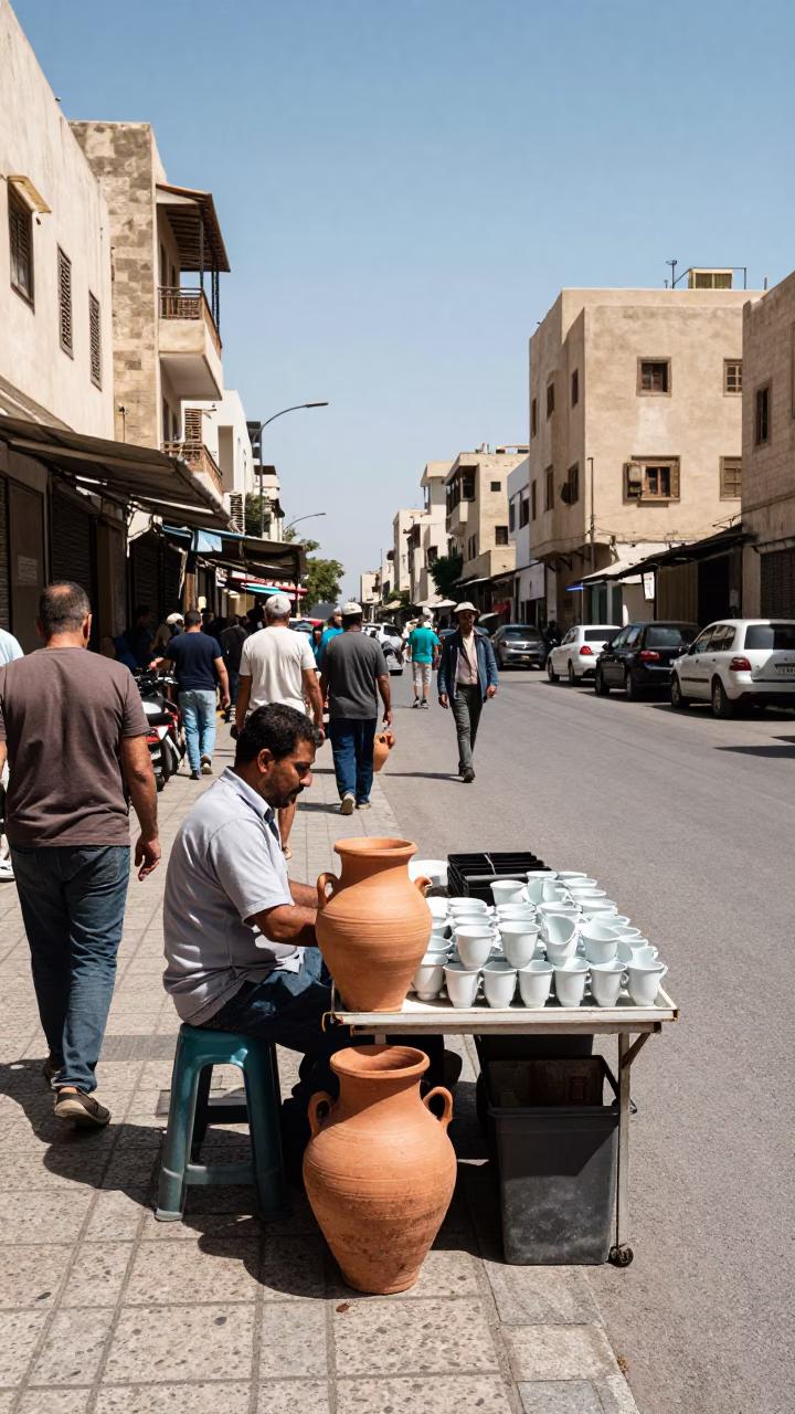 Busy Alexandria Egypt Street Scene Under Noon Glare with Terracotta Pot in in Alexandria, Egypt