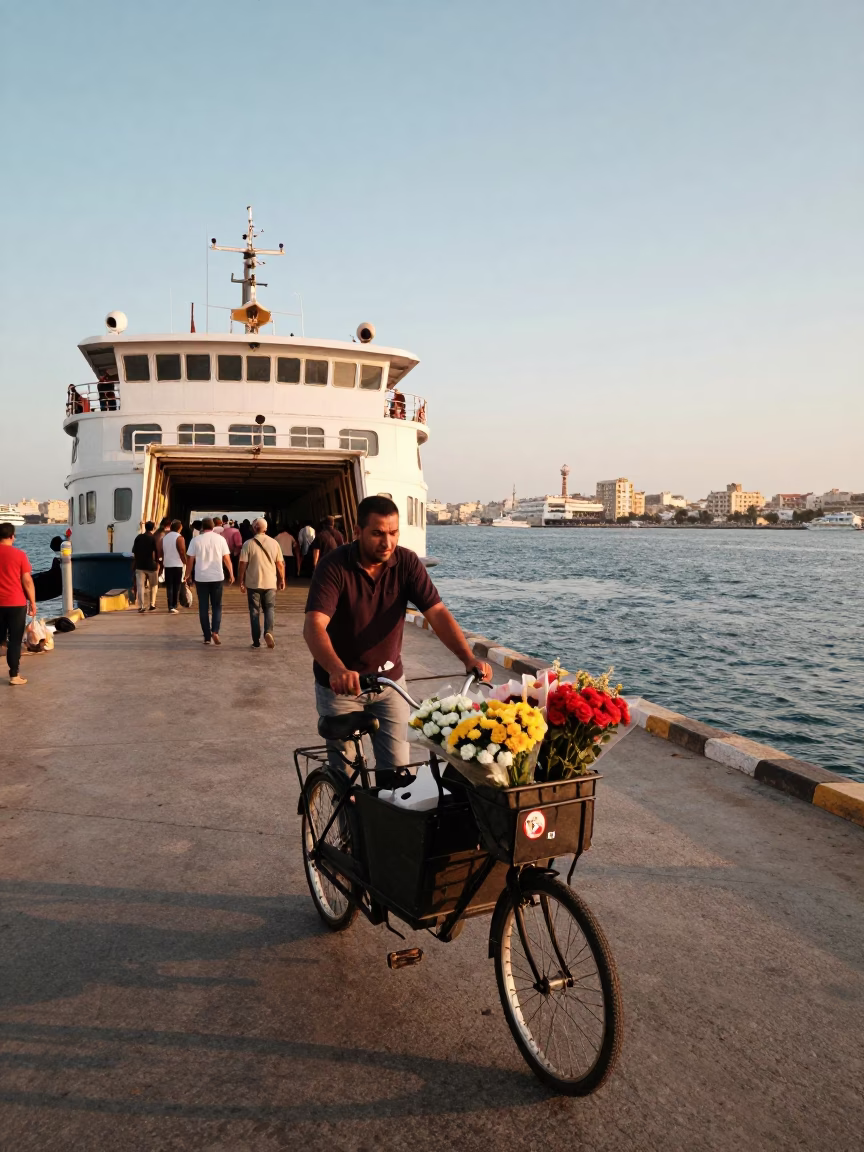 Busy Alexandria Egypt Sunset Ferry Dock Scene with Cargo Bicycle and Local Life in in Alexandria, Egypt