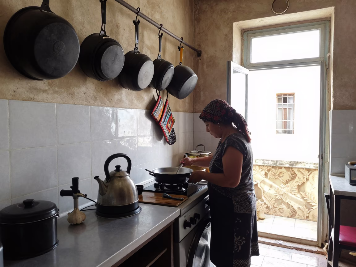 Busy Alexandria Kitchen Interior with Hanging Pots and Electric Kettle in in Alexandria, Egypt